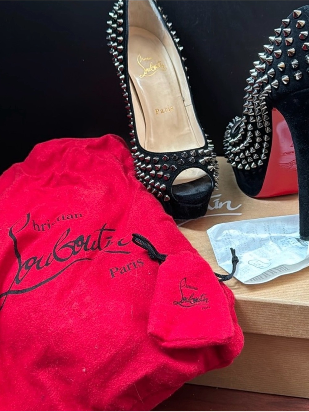 Christian Louboutin Black Suede Spiked Peep-Toe Pumps with Red Soles